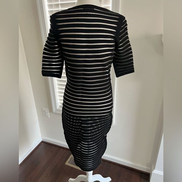 Nellie Partow SS 2015 Black ribbed sheath slip pencil midi dress 3/4 sleeve Sz M - Picture 3 of 12